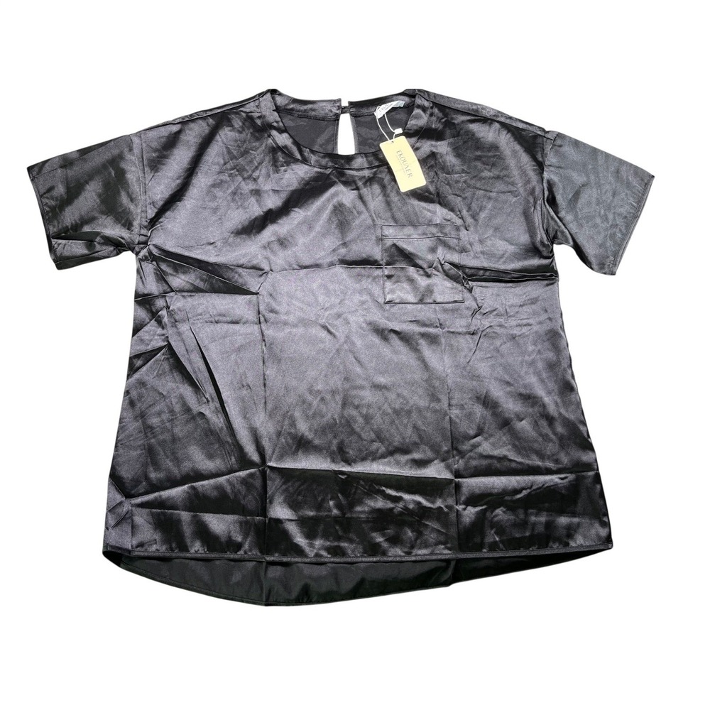 NWT Ekouaer Satin Pajama Set Medium Black Short Sleeve Top & Shorts